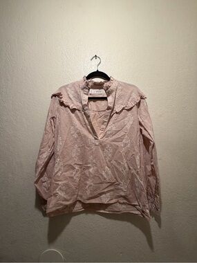 WVN Pink Ruffle Collar Long-Sleeve Blouse Size Medium- 100% Organic Cotton